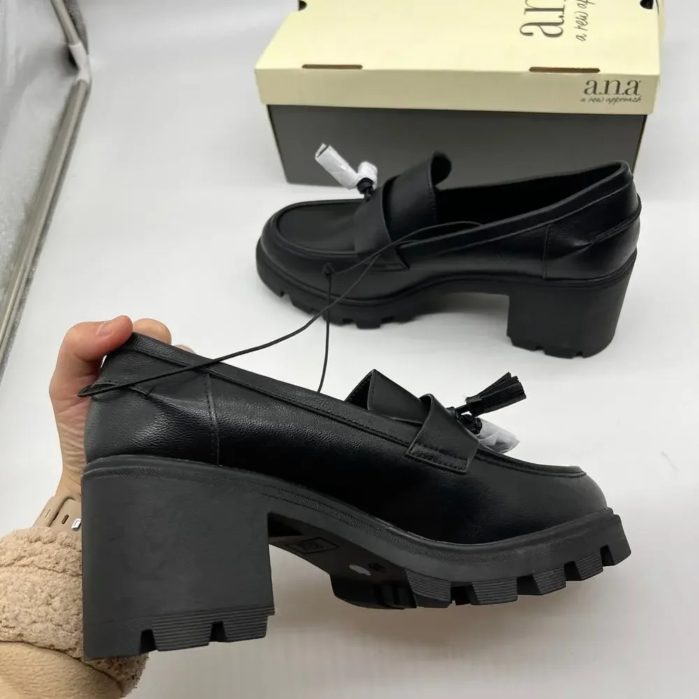 a.n.a Penny Loafers Black Chunky Block Heel A New Approach Women Size 10 NEW